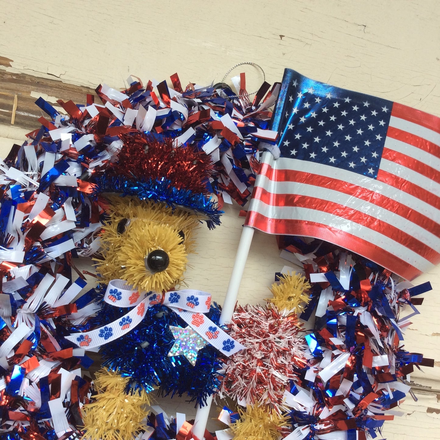 AGD Patriotic Decor - Tinsel Dog with American Flag 12inch SMALL Wreath