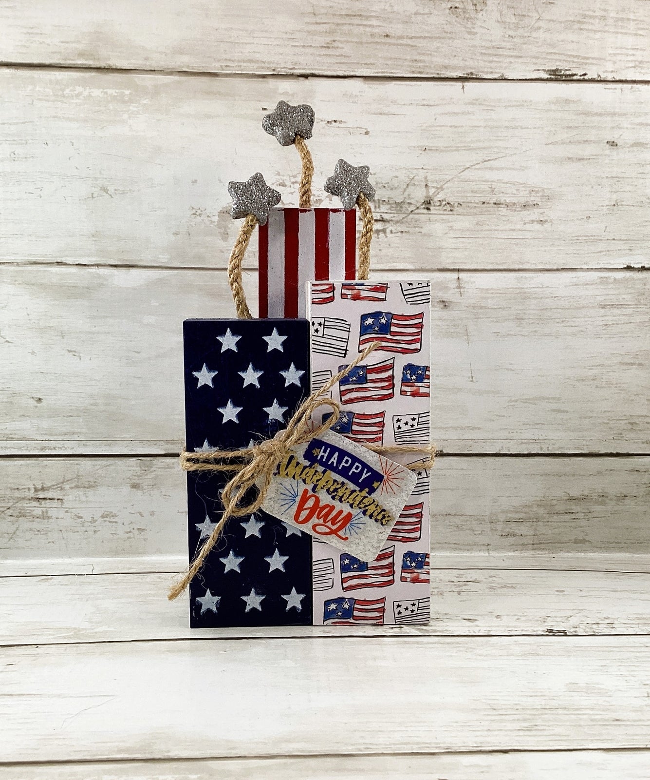 AGD Patriotic Decor - July 4th Chunky Wood Firecracker Block Sign