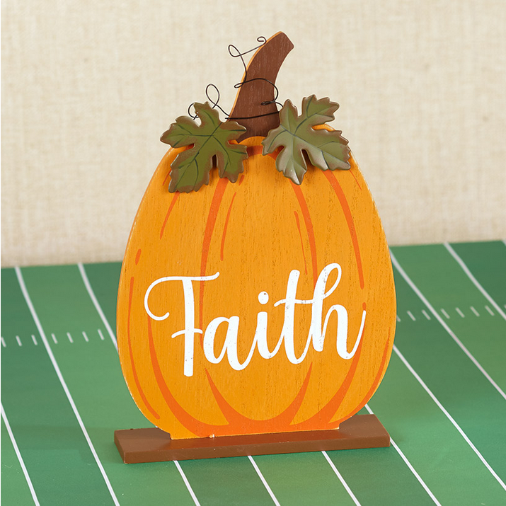 LC Fall Decor - Faith Wood Tabletop Orange Pumpkin 12inch