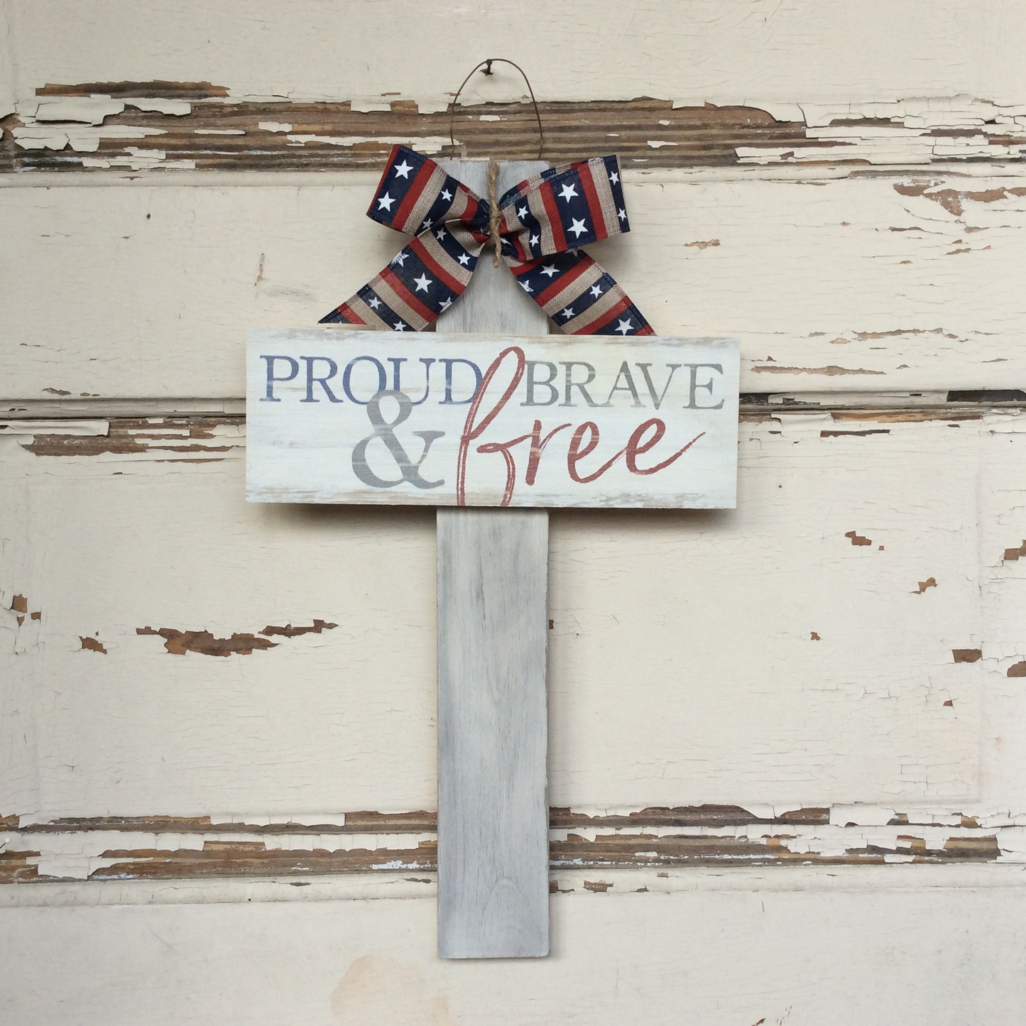 AGD Patriotic Decor -  Proud Beave Free Veteran Whitewash Wood Cross