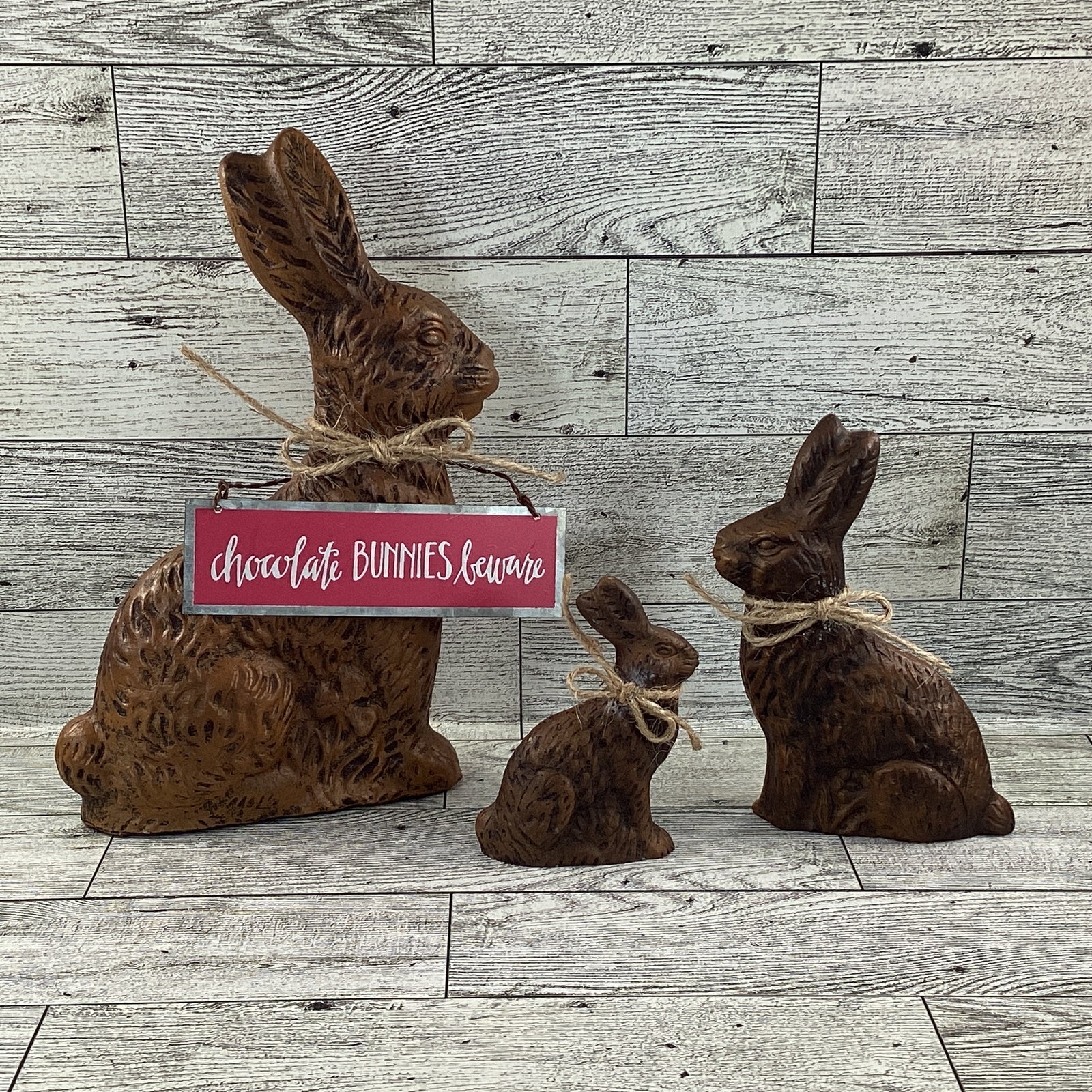 AGD Easter Decor - Resin Chocolate Bunny Beware Sitter 3pc Set