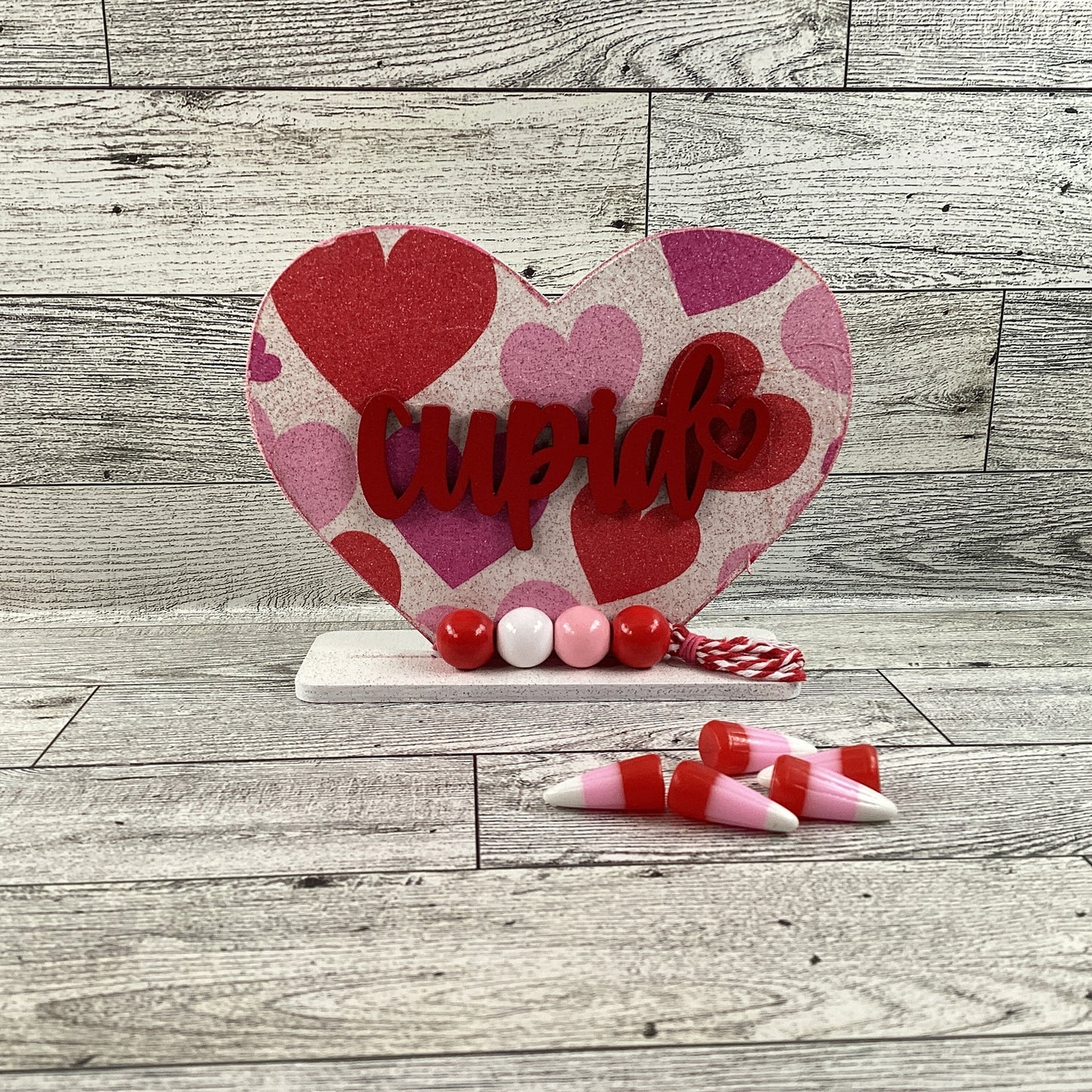 AGD Valentines Decor - Cupid Decoupage Layered Heart Wood Sitter