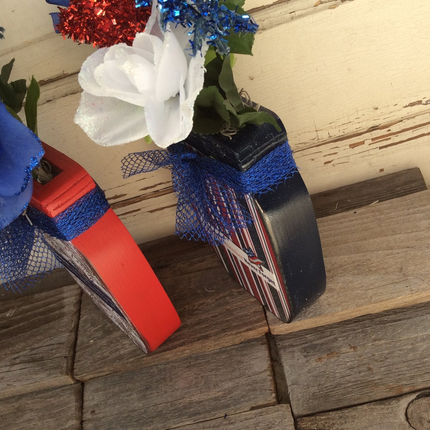 AGD Patriotic Decor - One Nation Sept 11th Floral Wood Mason Jar 2pc Set