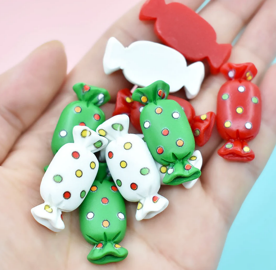 AGD Christmas Supply - Resin Flatback Rolled Red White Green Candy Cabochon 30pc