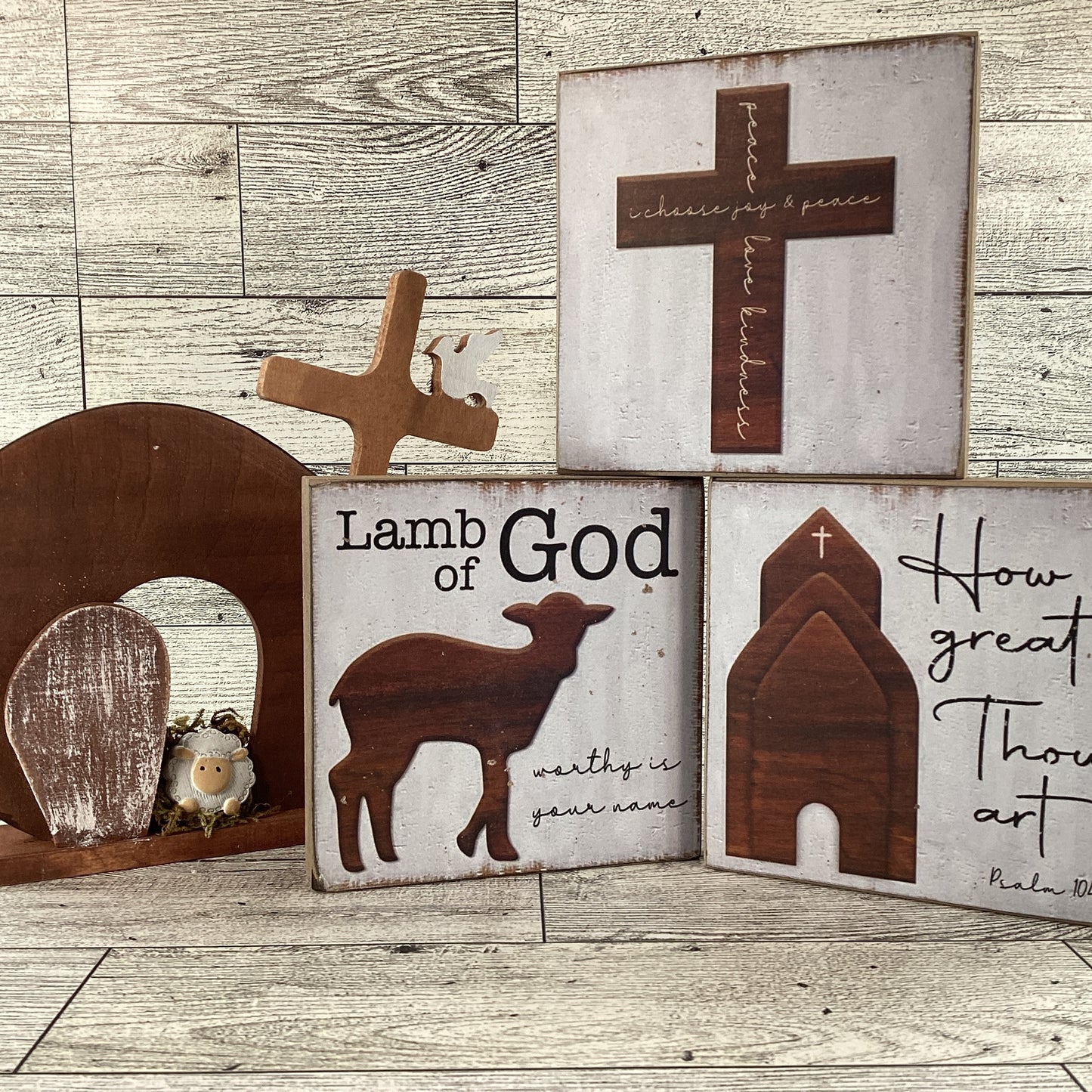 AGD Easter Decor - Jesus Lamb Resurrection Tomb Scene 4pc Set
