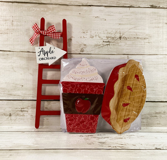 HL Fall Decor - Wood Chunky Apple Pie Cider Ladder Tier Tray 3pc Set
