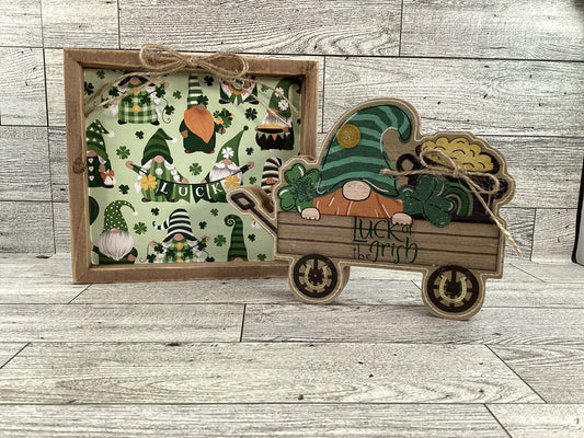 AGD St Patrick's Decor - Lucky Irish Gnome Chunky Wagon Inset Sign 2pc Set
