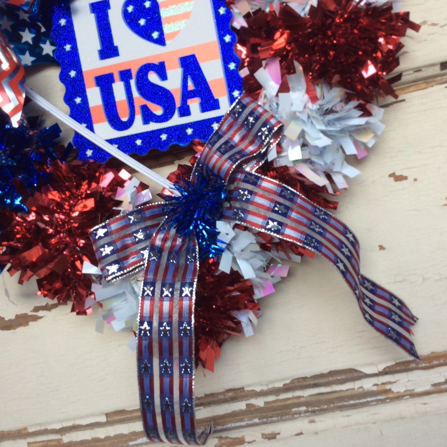 AGD Patriotic Decor - Love the USA Pinwheel Tinsel Heart Wreath
