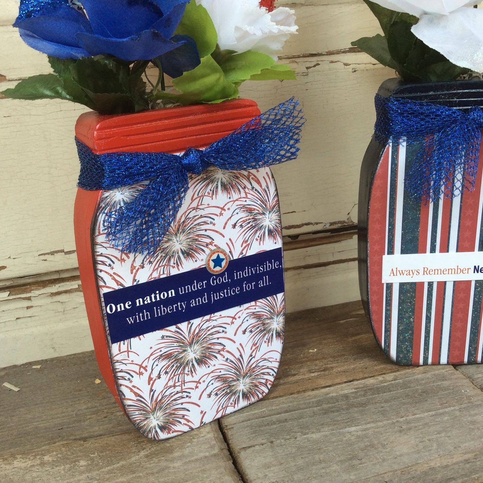AGD Patriotic Decor - One Nation Sept 11th Floral Wood Mason Jar 2pc Set