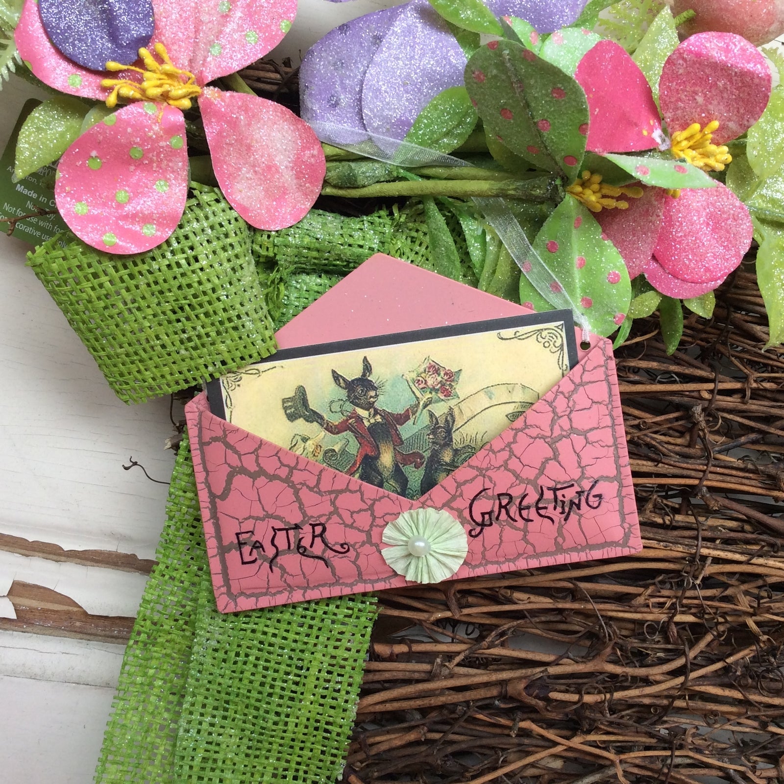 AGD Spring Easter Decor – Peach Easter Greeting Grapevine Basket Wreath