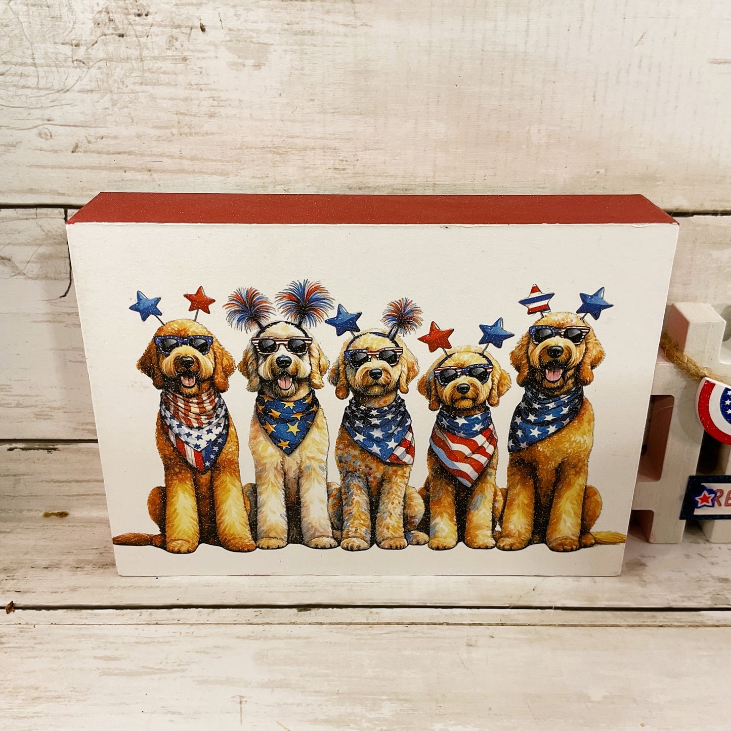 AGD Patriotic Decor - Red White Doodle Dog Pet Sign & Fence 2pc