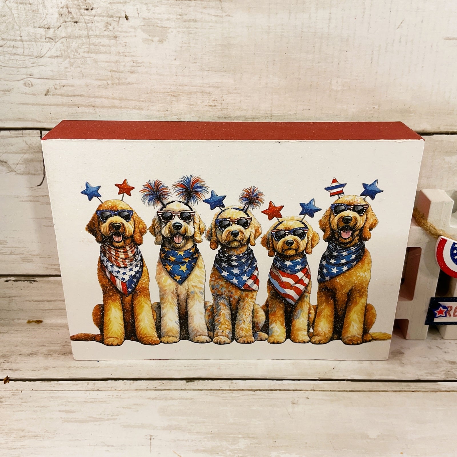 AGD Patriotic Decor - Red White Doodle Dog Pet Sign & Fence 2pc