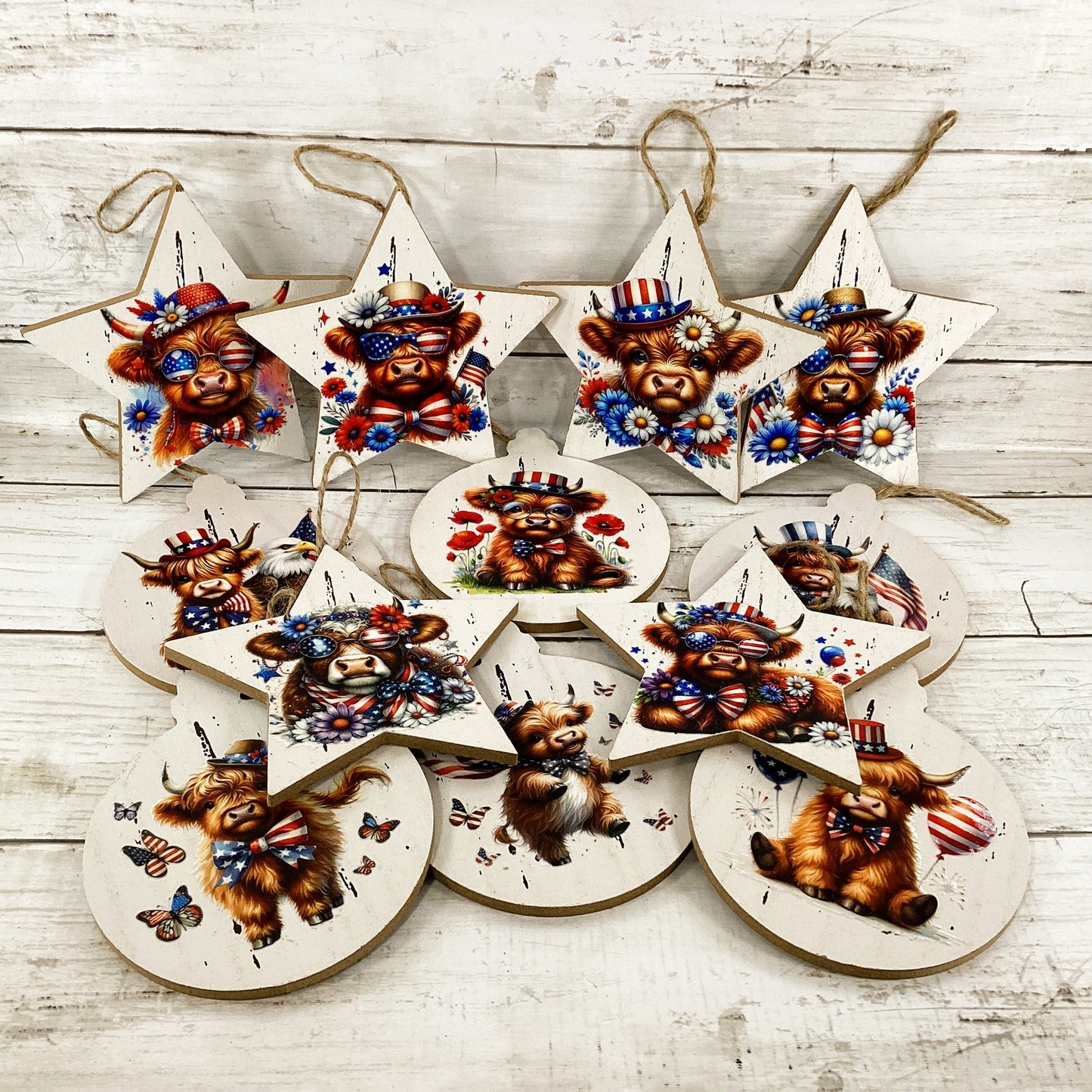 AGD Patriotic Decor - July 4th Highland Cow Ornaments 12pc Set
