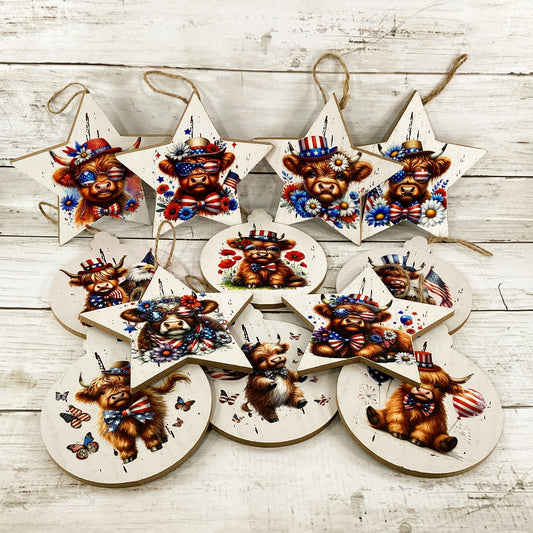 AGD Patriotic Decor - July 4th Highland Cow Ornaments 12pc Set