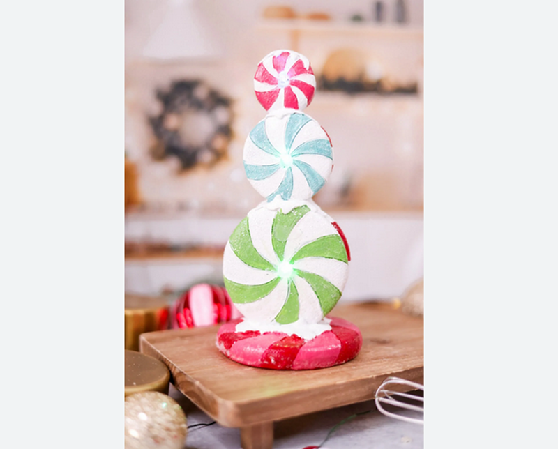 Youngs Christmas Decor - LED Light-up Resin Pastel Peppermint Figurine 8-inch