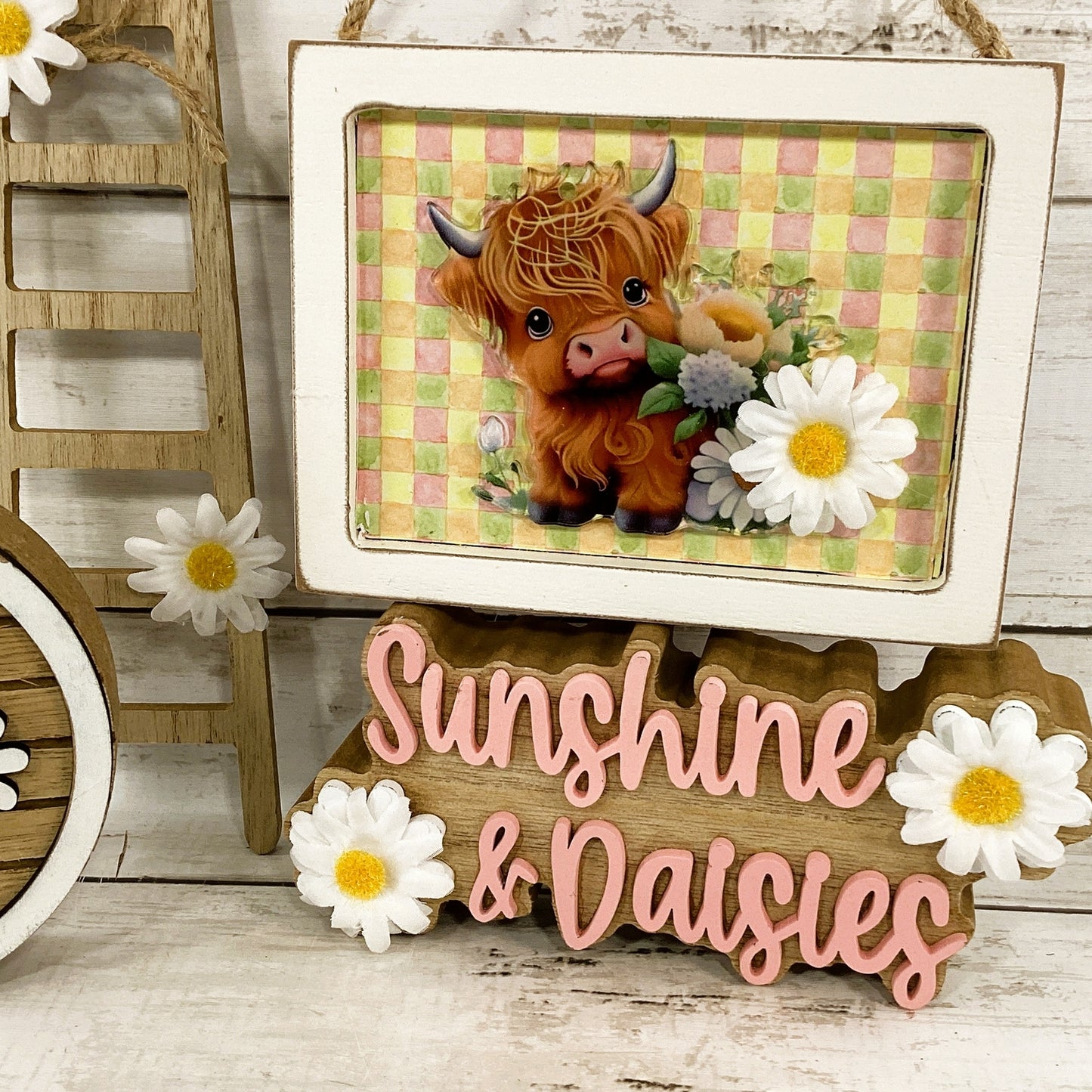 AGD Spring Decor - Daisy Sunshine Highland Cow Ladder Tier Tray 4pc