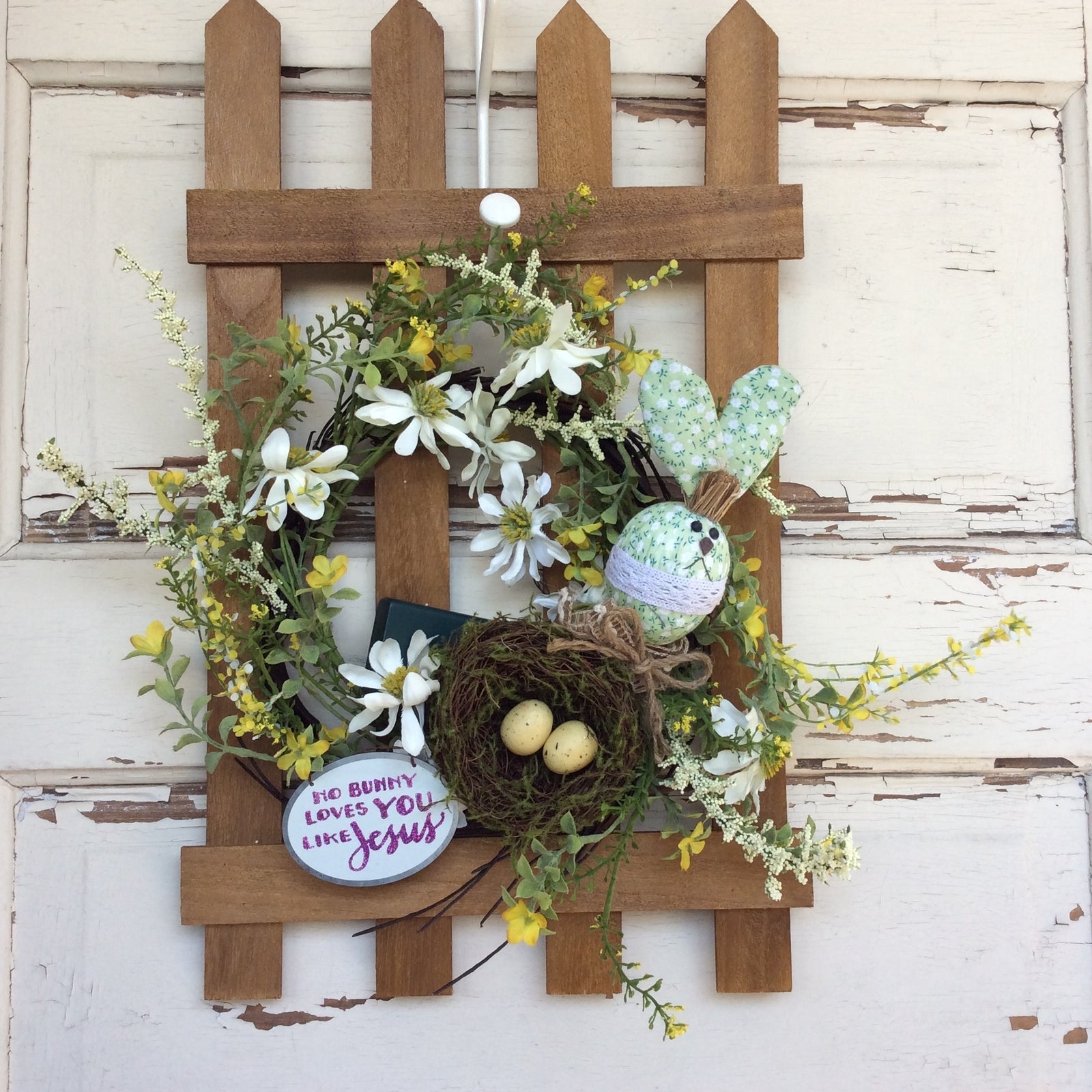 AGD Easter Decor - No Bunny Loves You Like Jesus Fence Lighted Wreath