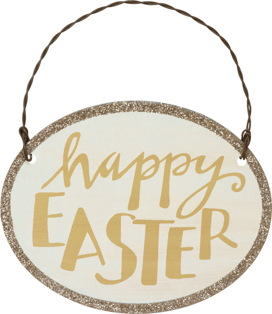 PBK Easter Decor - Happy Easter Glitter Oval Tin Ornament Sign