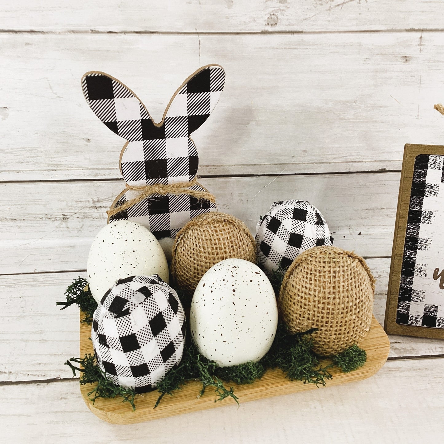 AGD Easter Decor - Bunny Welcome Eggs Black White Buffalo Plaid 2pc Set