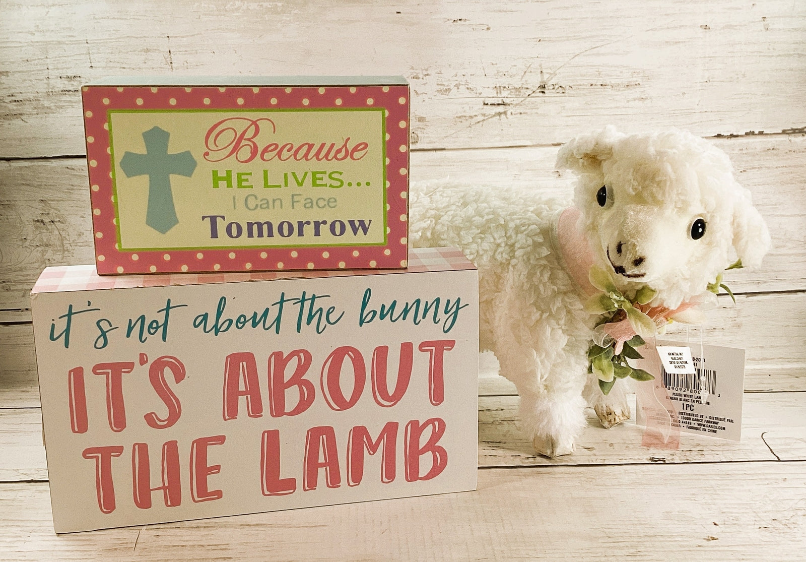 Easter Decor - Plush Lamb About the Lamb He Lives Sign 3pc BUNDLE