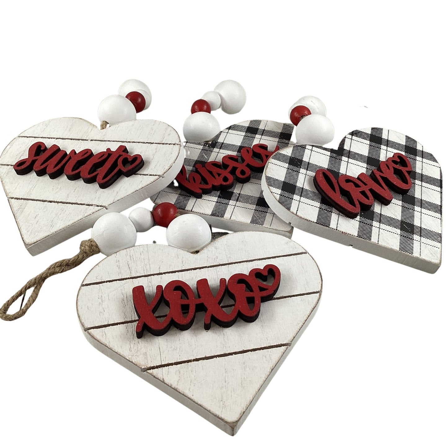 AGD Valentines Decor - Buffalo Plaid Layer Wood Ornaments 4pc Set