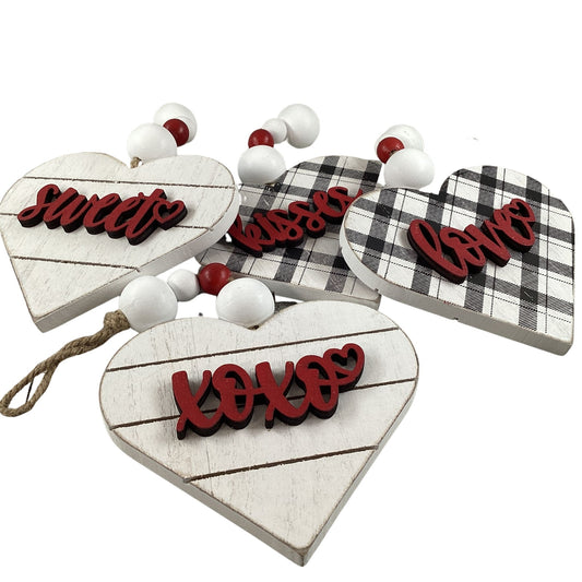 AGD Valentines Decor - Buffalo Plaid Layer Wood Ornaments 4pc Set