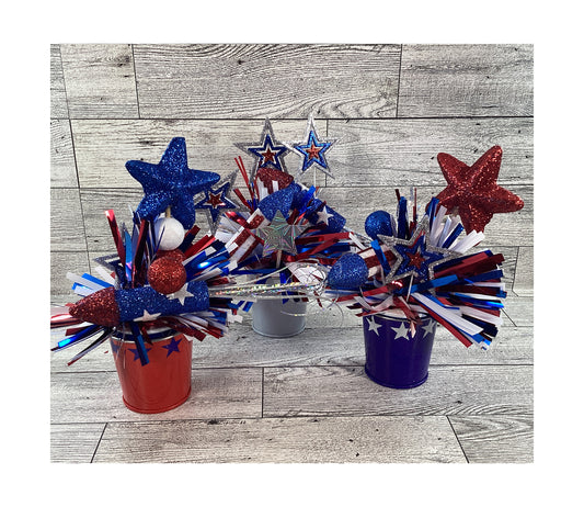 AGD Patriotic Decor - Small Firecrackers Filled Metal Bucket 3pc Set