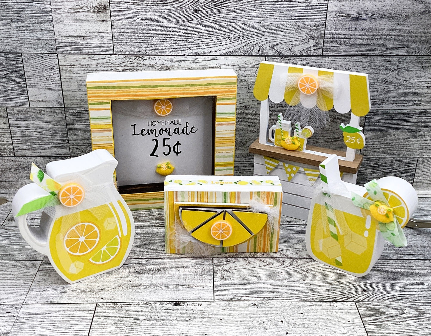 Summer Decor Lemon Lemonade Booth, Stand. Pitcher, Glass Tier Tray 5pc S