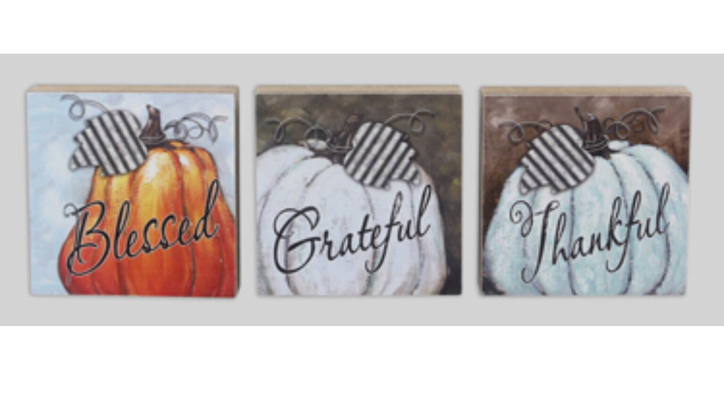 Youngs Fall Decor - Thankful Grateful Blessed 3pc Block Sign