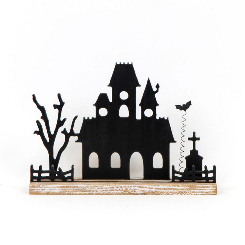Adams Halloween Decor - Black Wood Haunted House Mansion Silhouette Sitter