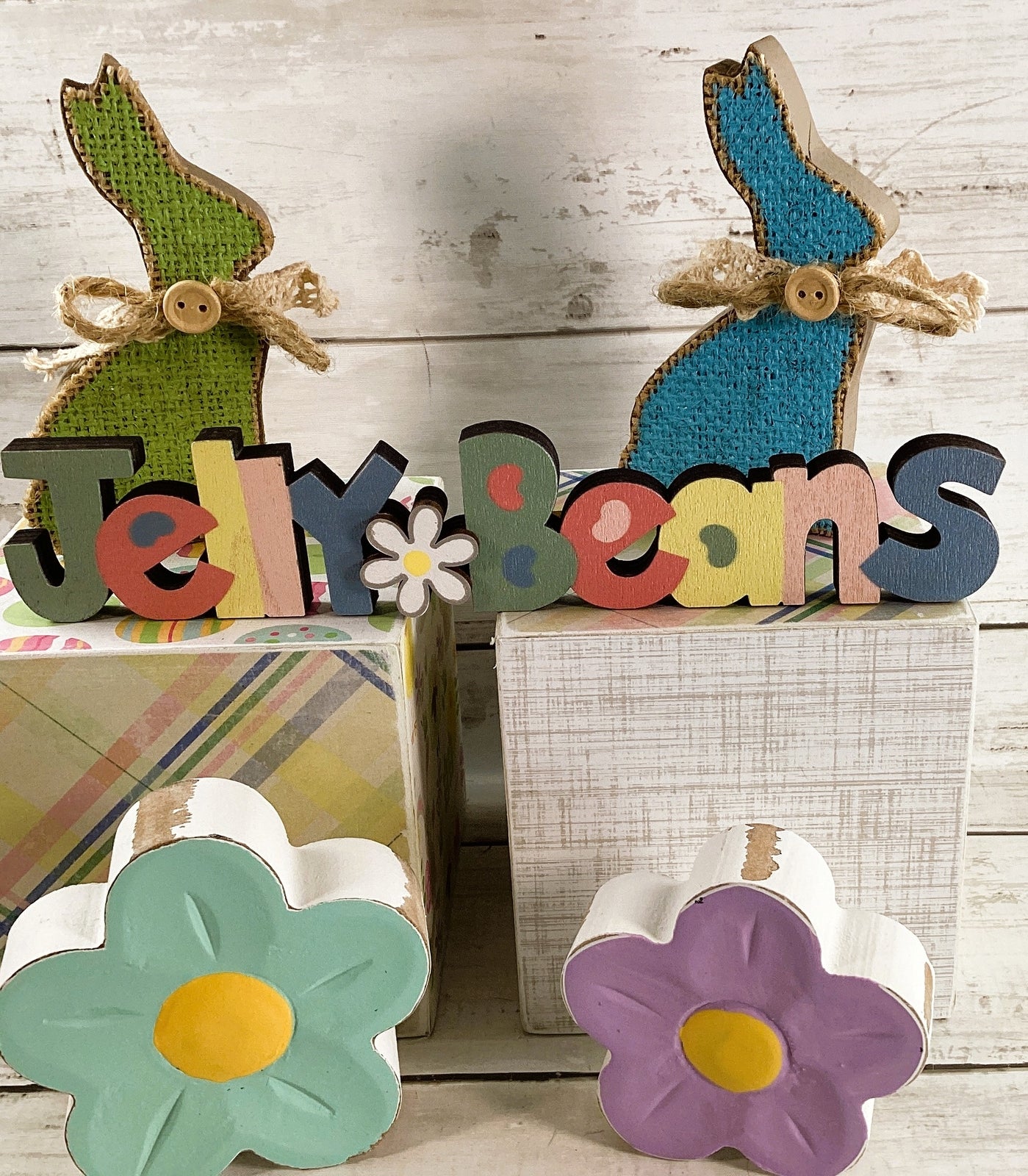 AGD Easter Decor - Jellybeans Block Signs Rabbit Spring Flowers Display