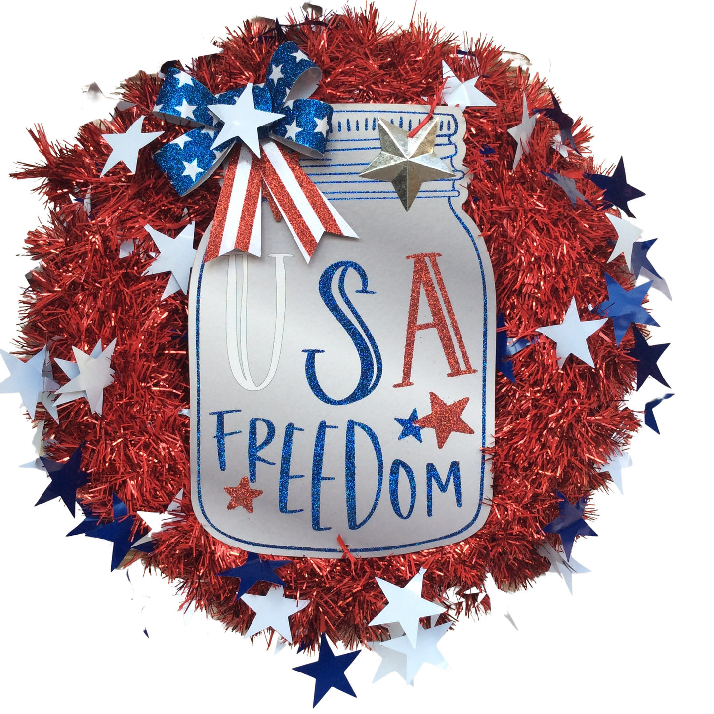 AGD Patriotic Decor - USA Freedom Mason Jar Tinsel Wreath
