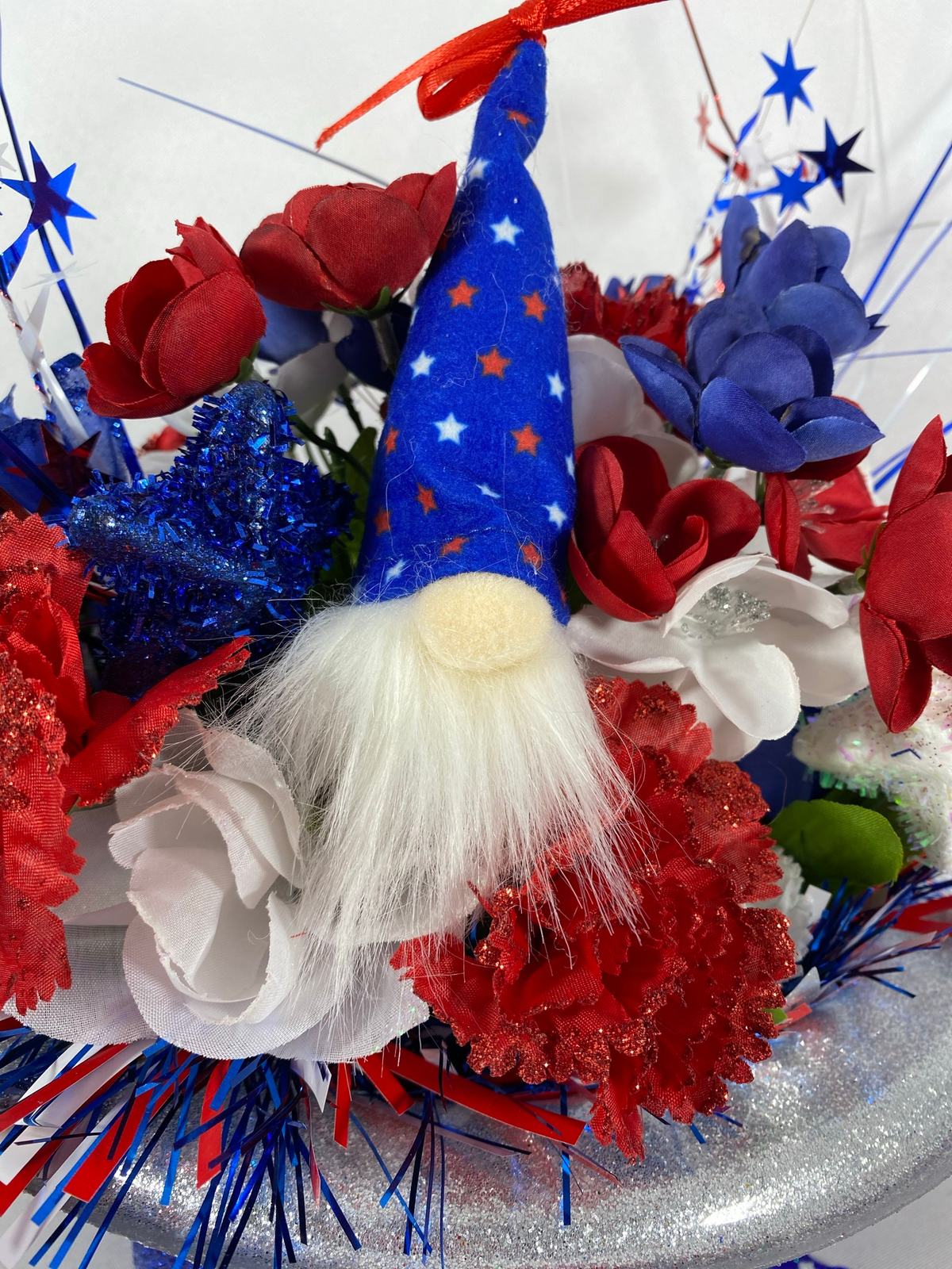 AGD Patriotic Decor  - Love the USA July 4th Gnome Floral Hat Centerpiece