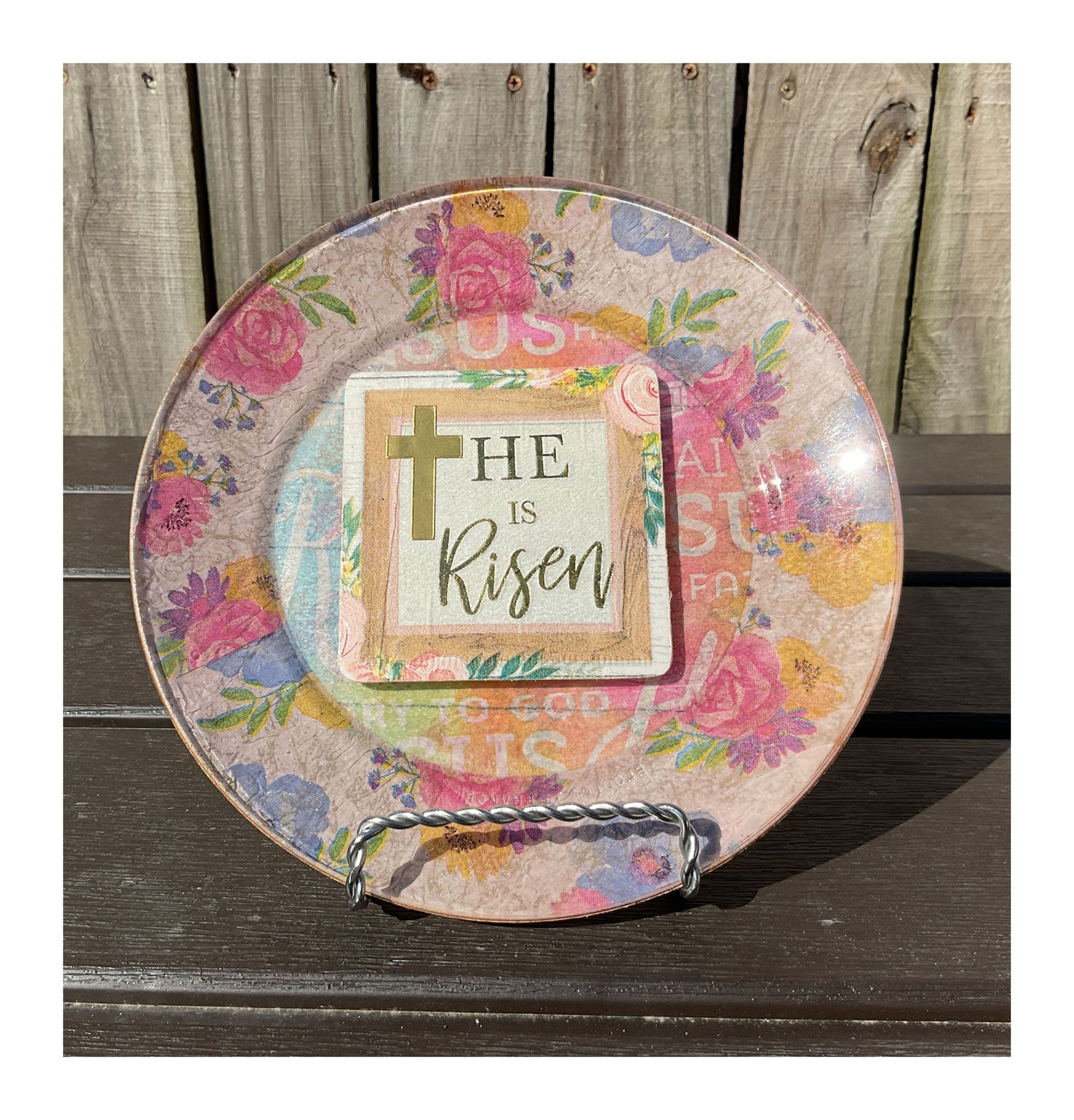 AGD Easter Decor - He Is Risen Pastel Floral Decoupage Glass Plate 7inch