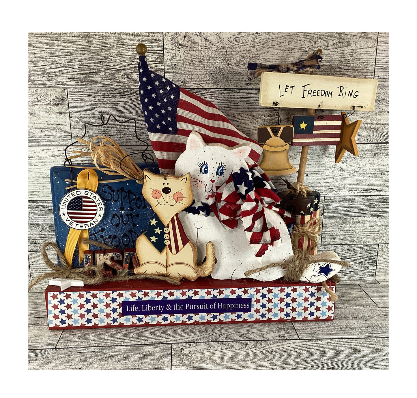 AGD  Patriotic Decor - Chunky Wood July 4th Cat Veterans Flag Collage