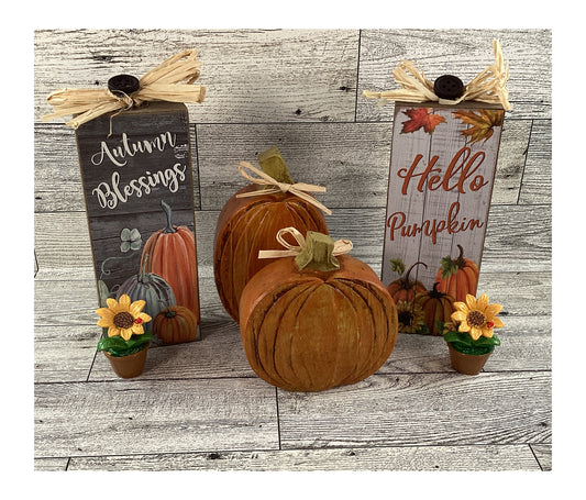 AGD Fall Decor - Resin Pumpkins Block Signs Mini Sunflowers Tier Tray 6pc