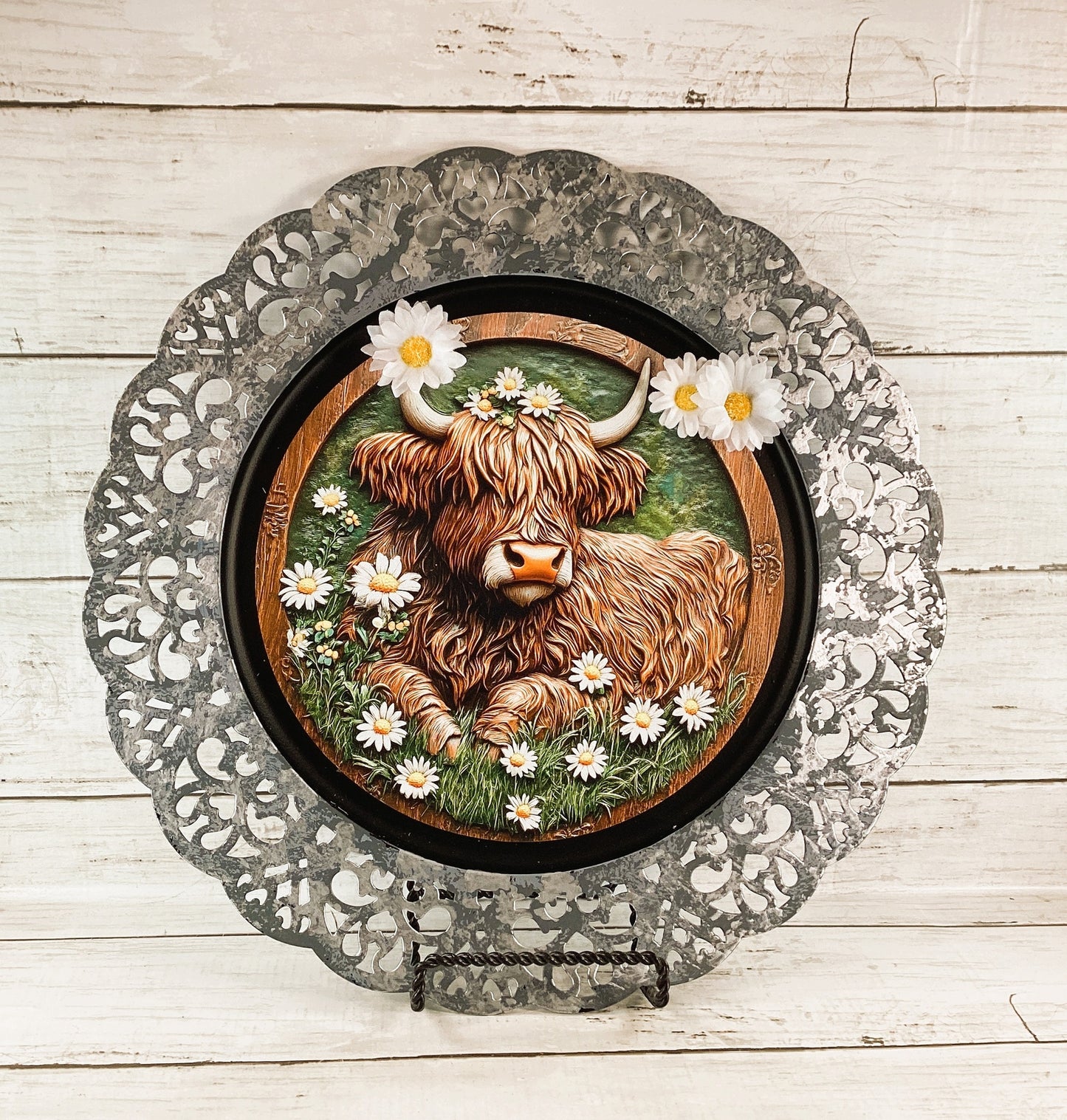 AGD Spring Decor - Daisy Highland Cow Charger Plate Tin Sign