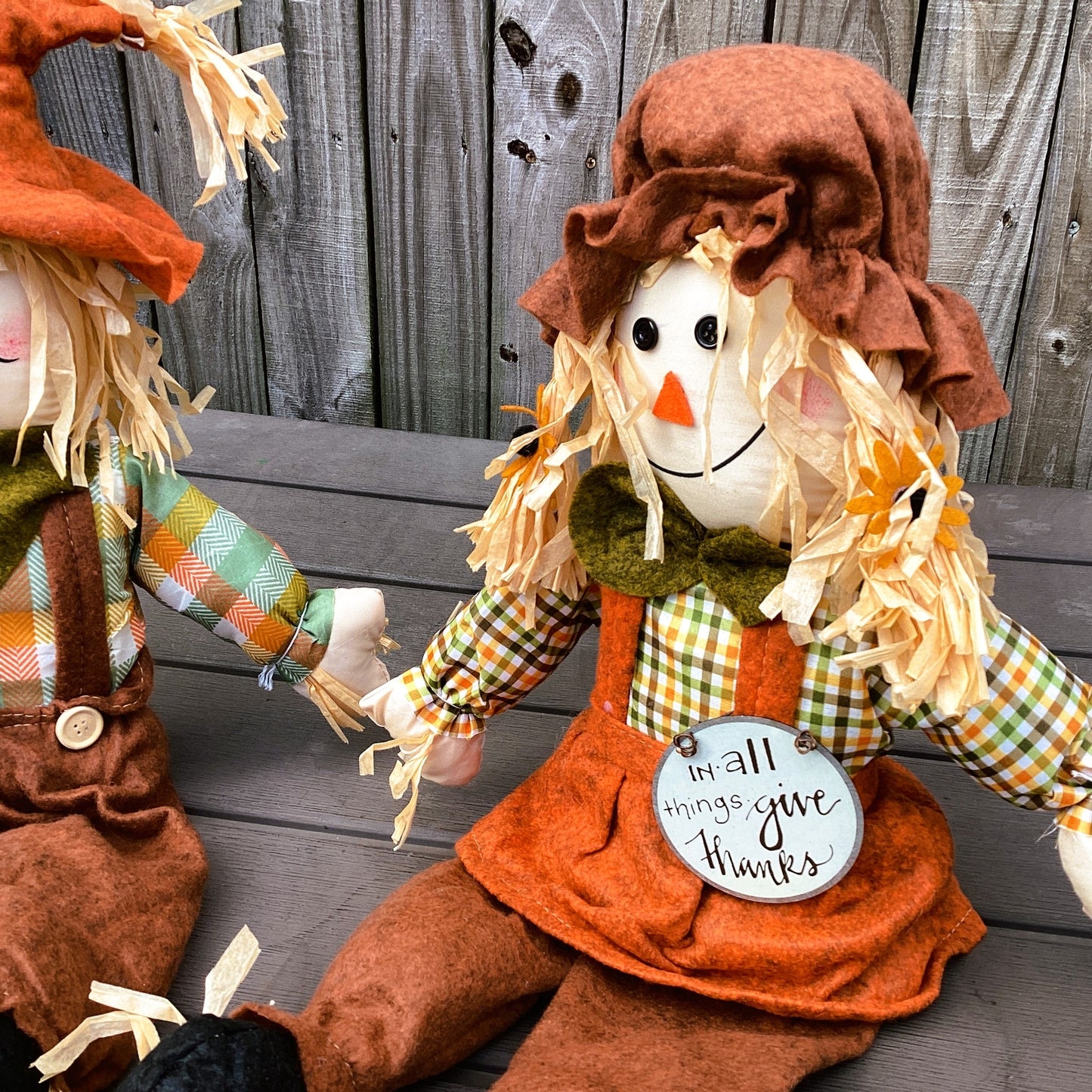 AGD Fall Decor - Sitting Dangle Legs Scarecrow Girl Boy Couple 2pc