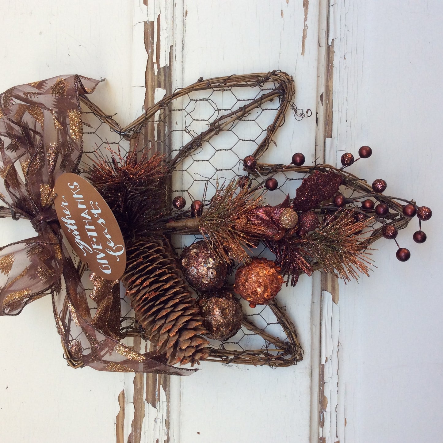 AG Designs Fall Harvest Decor – Give Thanks Bronze Glitter Grapevine Maple Leaf