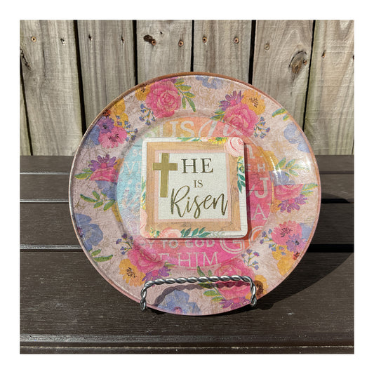 AGD Easter Decor - He Is Risen Pastel Floral Decoupage Glass Plate 7inch