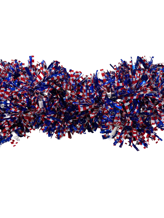 AGD Patriotic Decor - Red White Blue Flag Thick Tinsel Lighted Garland 12ft