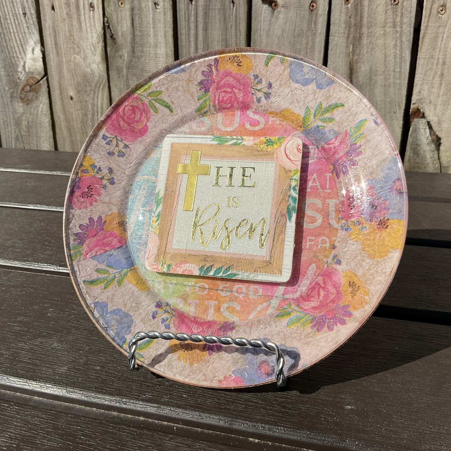AGD Easter Decor - He Is Risen Pastel Floral Decoupage Glass Plate 7inch