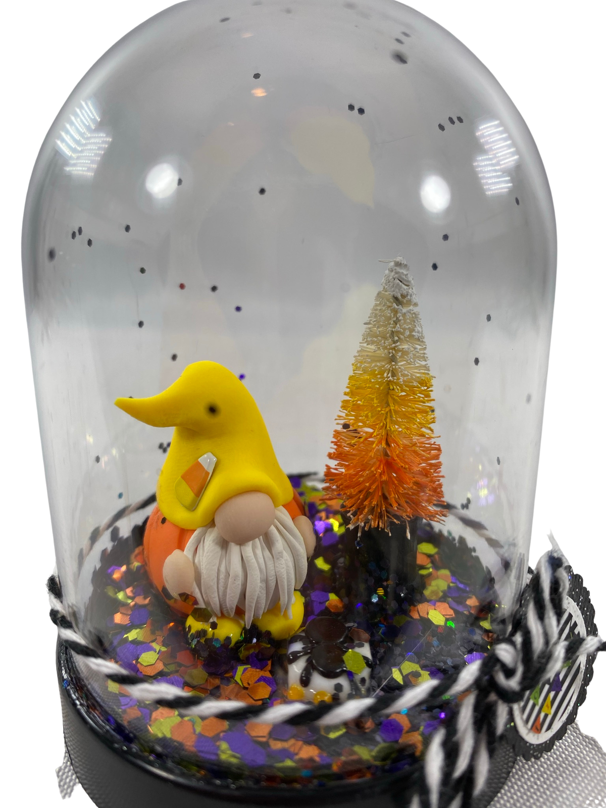 AGD Halloween Decor - Candy Corn Clay Gnome Plastic Cloche Small Dome