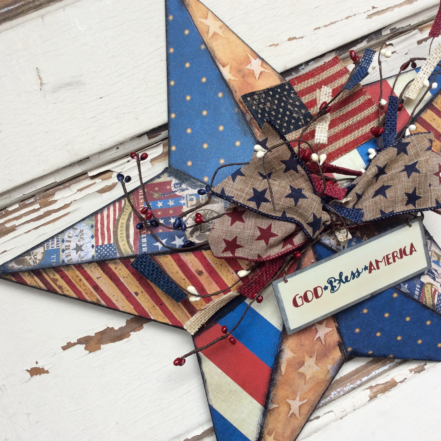 AGD Patriotic Decor - God Bless America Prim Distressed 3-D Metal Star