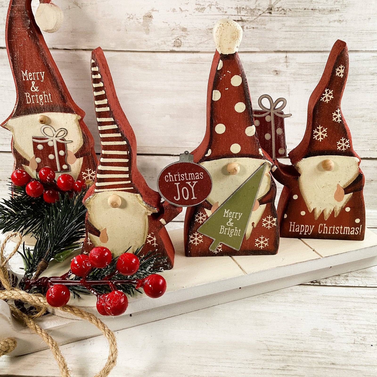 AGD Christmas Decor - Farmhouse Prim Gnomes Sled Tier Tray 5pc Set