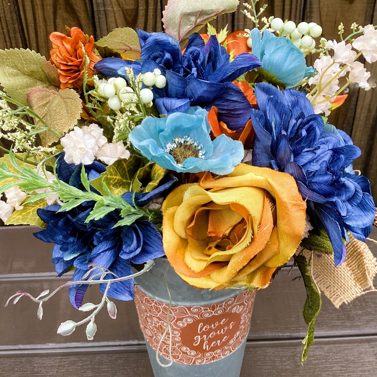 AGD Fall Decor  – Love Grows Here Galvanized Metal Floral Centerpiece