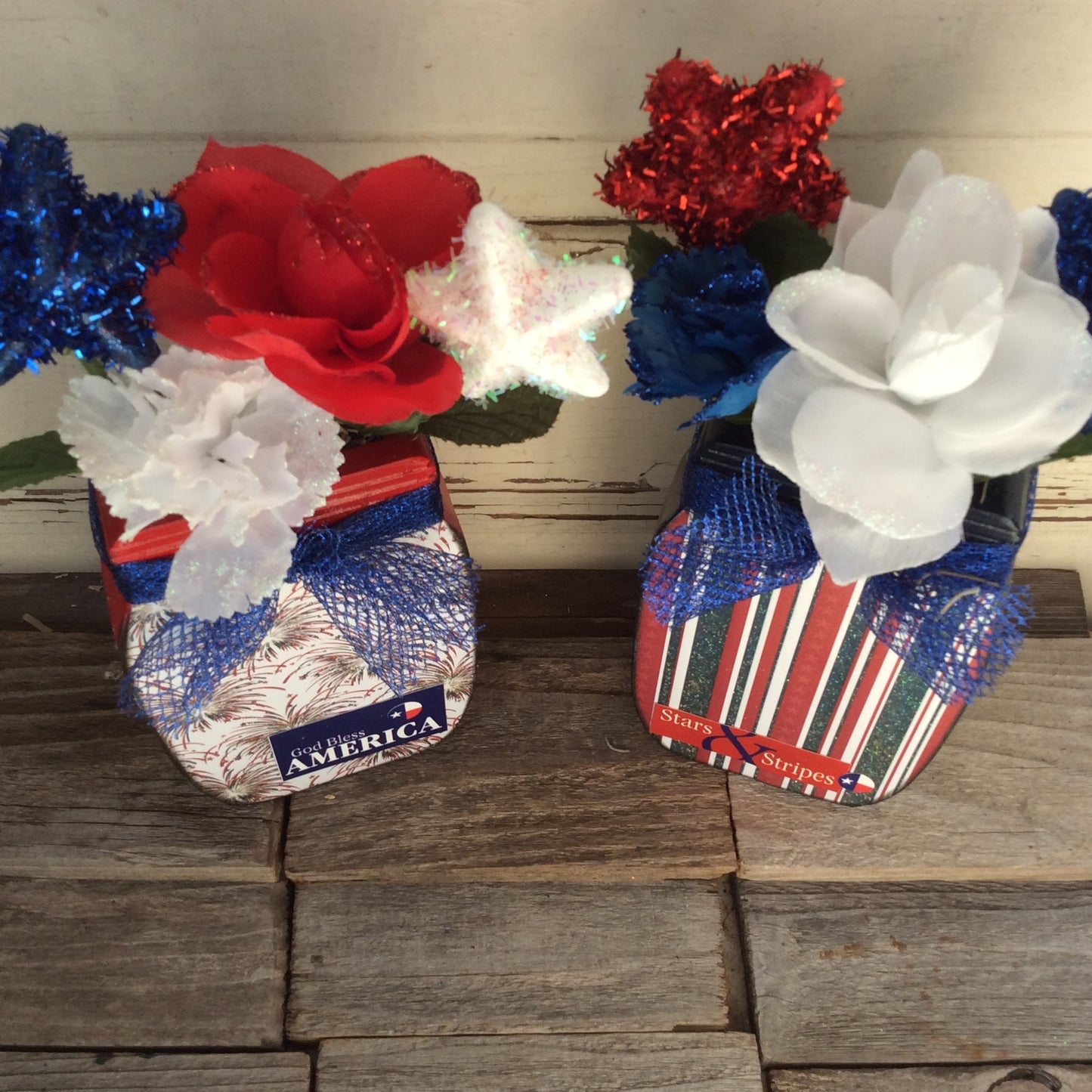 AGD Patriotic Decor - God Bless Stars Stripes Floral Wood Mason Jar 2pc Set