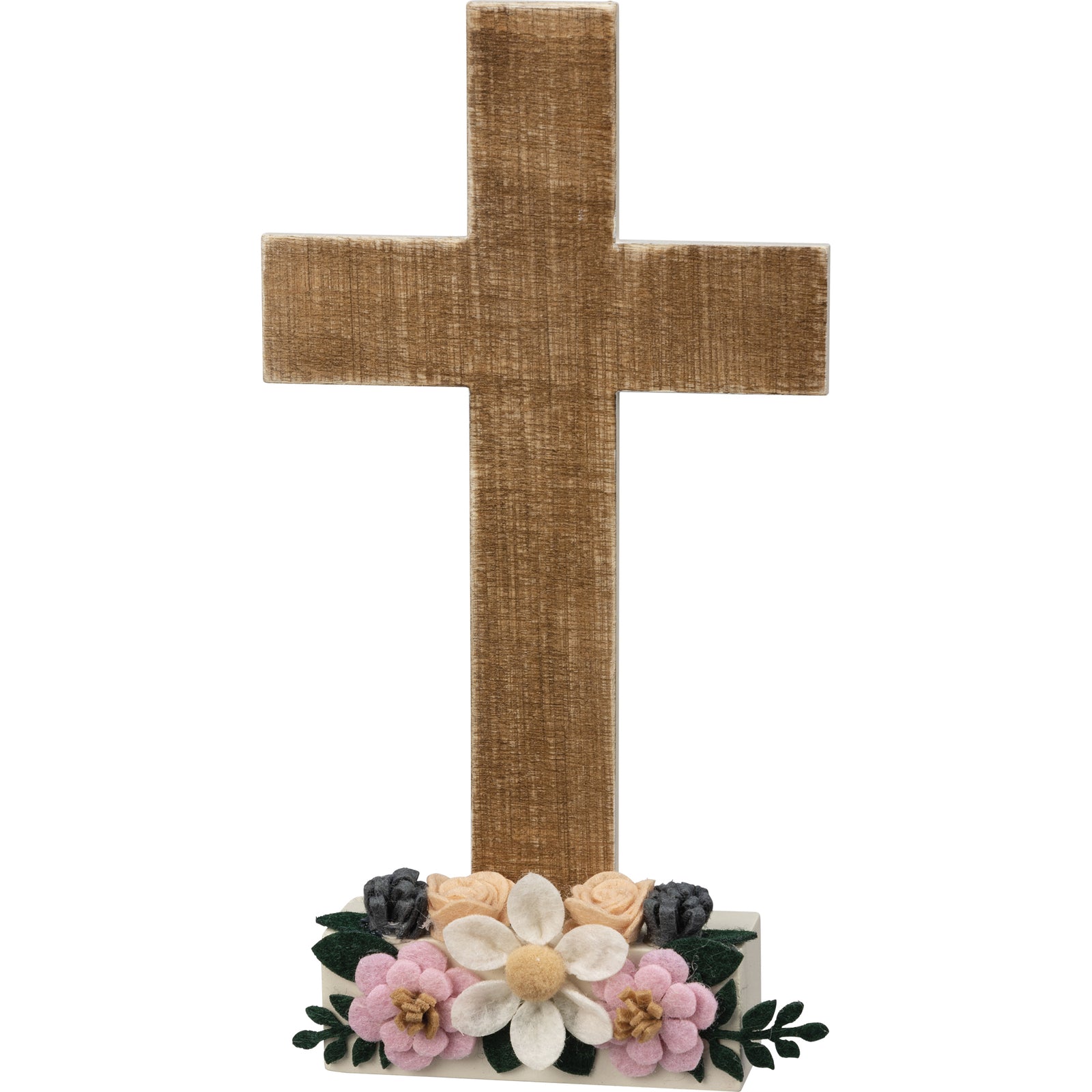 PBK Easter Decor - Stand-up Wood Cross with Felt Flowers Stand
