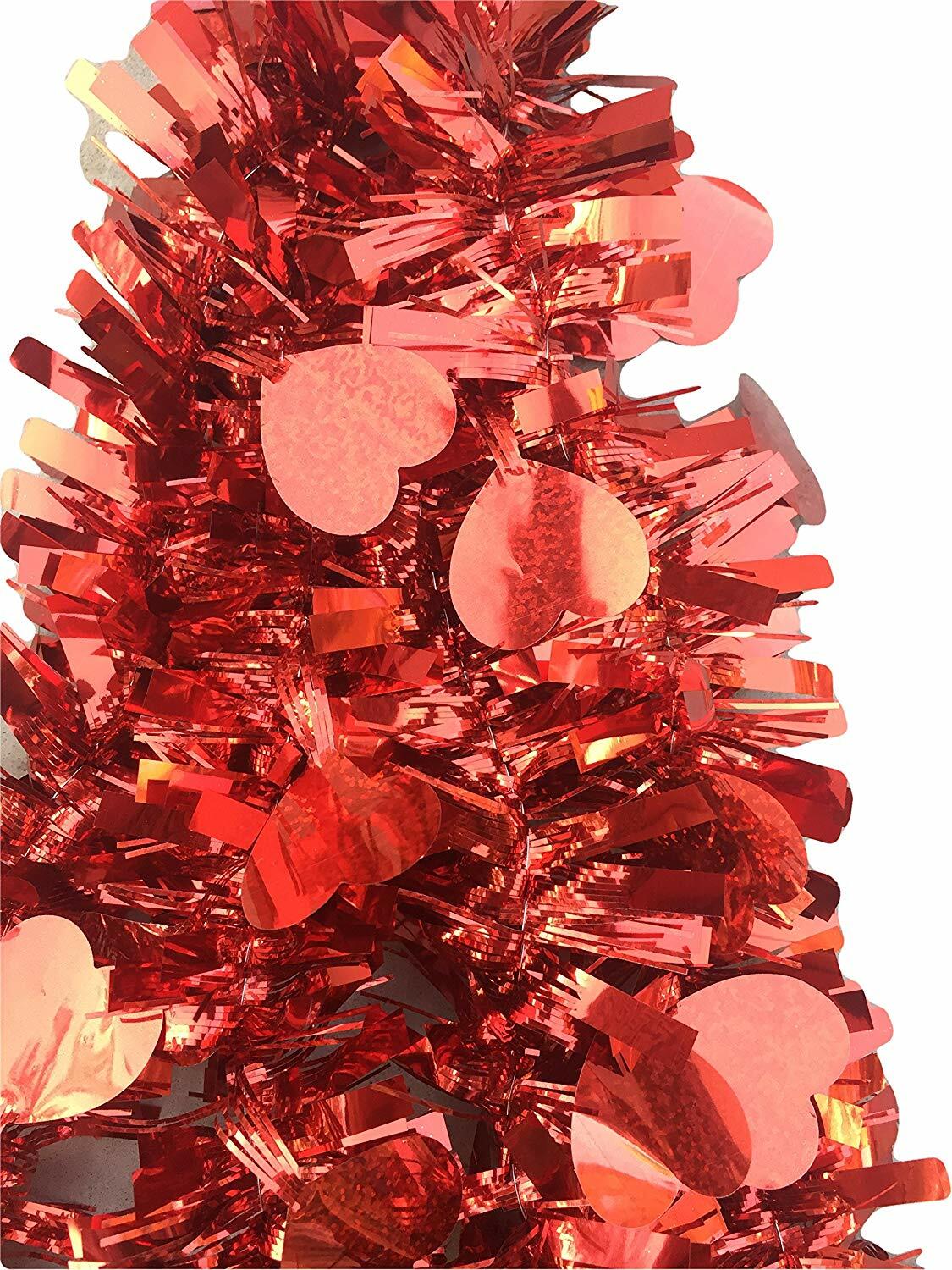 HL Valentines Decor - Red Thick Tinsel Red Hearts Garland 9ft
