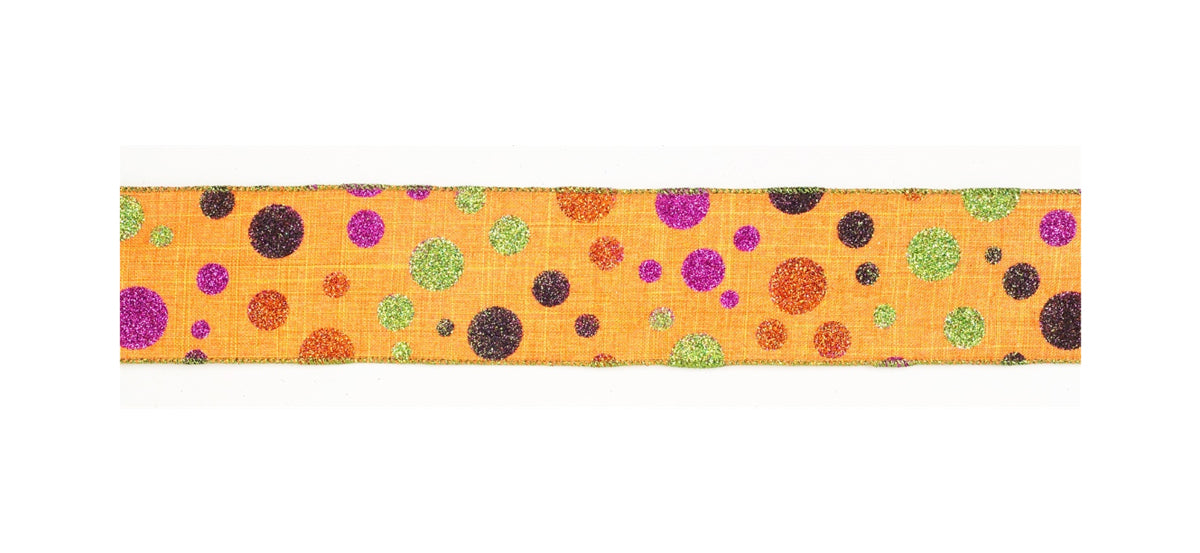 Melrose Wired Ribbon - Halloween Glitter Polka Dots on Orange 2 1/2" 10yd #61502